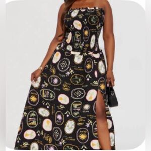 Fashion Nova Black Strapless Maxi Dress with Multicolor Oval Motifs